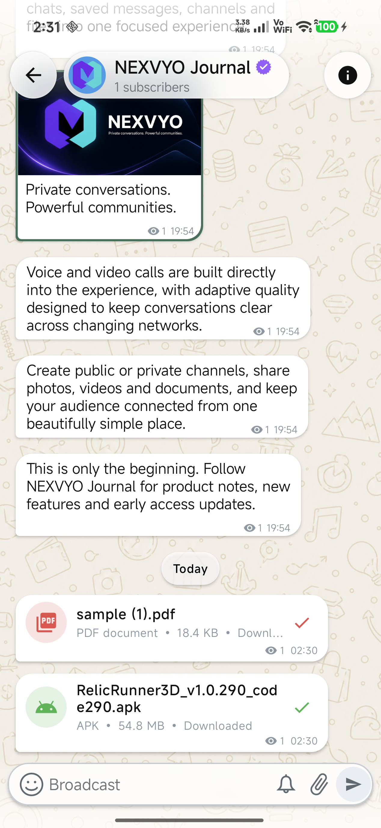 PDF and APK files shared inside a NEXVYO channel